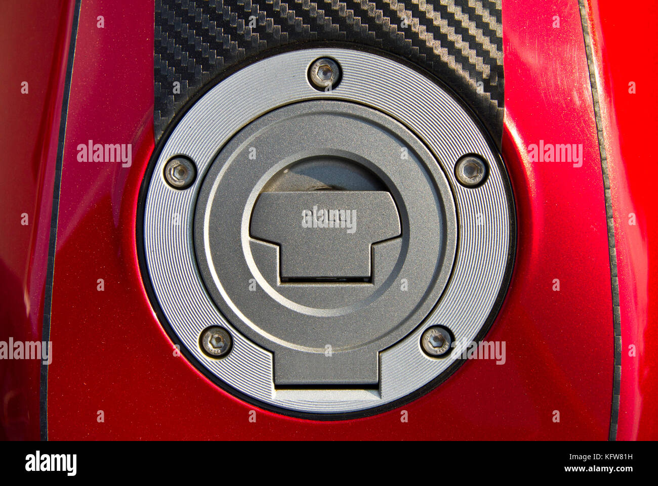 Red gas tank with carbon fiber inserts and Pull sign Stock Photo Alamy