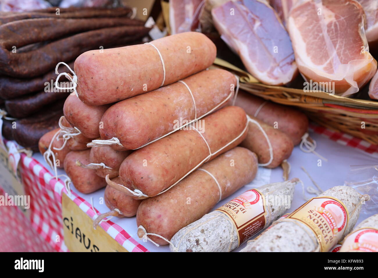 MANZIANA, LAZIO, ITALY - OCTOBER 14, 2017: Famous Norcia salami and prosciutto, typical of Umbria and Marche, as ciauscolo and  liver salami for sale  Stock Photo