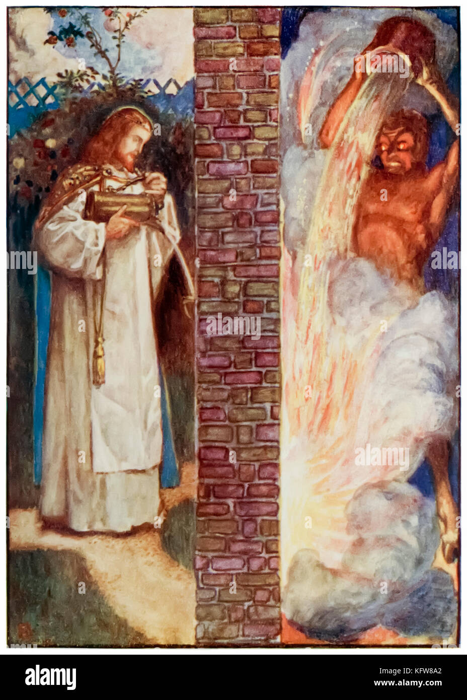 “Christ and the Devil” from ‘The Pilgrim’s Progress From This World, To That Which Is To Come’ by John Bunyan (1628-1688). Illustration by Byam Shaw (1872-1919) showing the fire in the wall. The Devil tries to douse the fire of grace in the believer's heart, whilst Christ pours oil on the same fire. See more information below. Stock Photo