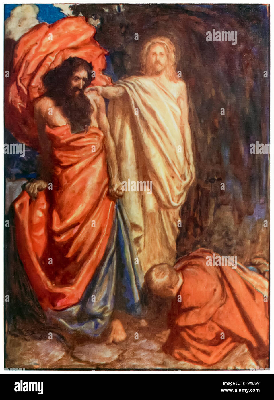 “Faithful struck down by Moses” from ‘The Pilgrim’s Progress From This World, To That Which Is To Come’ by John Bunyan (1628-1688). Illustration by Byam Shaw (1872-1919) showing Faithful beaten by an unmerciful Moses, teaching him that the Law offers no help and that the flesh is weak. See more information below. Stock Photo