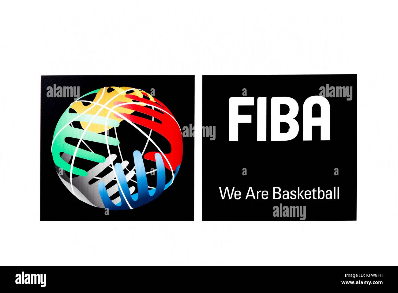 Mies, Switzerland - October 1, 2017: FIBA logo on a wall at the FIBA headquarters in Mies, Switzerland Stock Photo