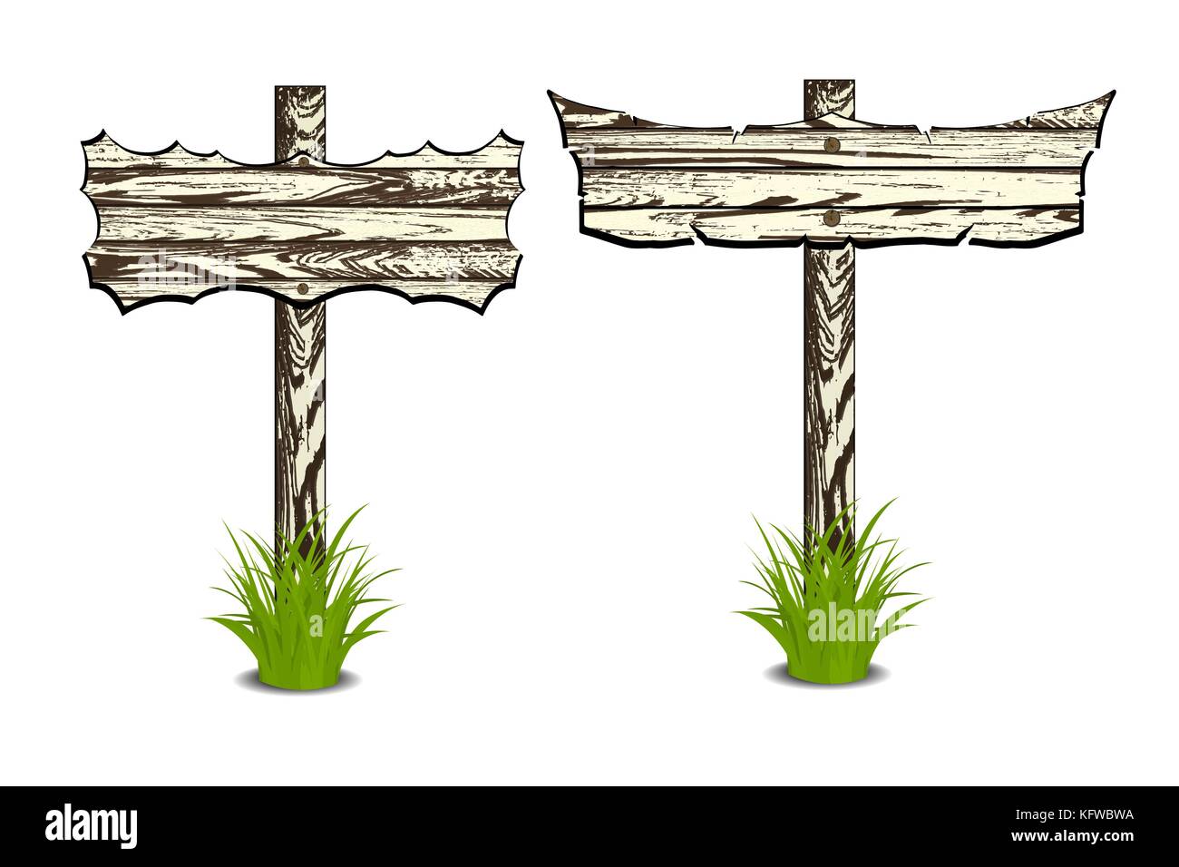 Set of Wooden sign on grass. Vector illustration. Isolated on white ...
