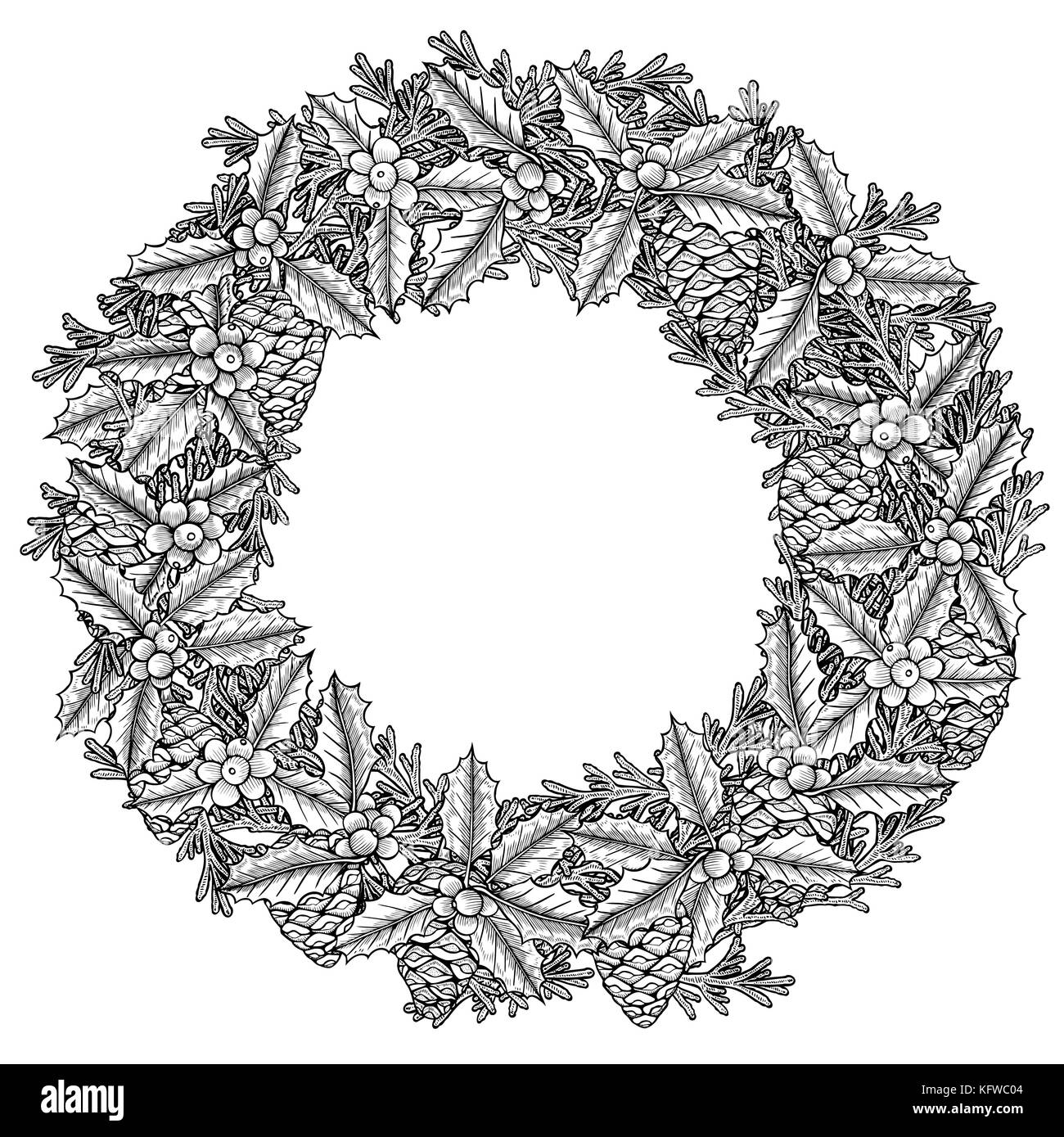 Christmas wreath. Vector greeting card, poster, banner. Botanical hand drawn background. gifts, cones, poinsetiya holly holiday decor Stock Vector