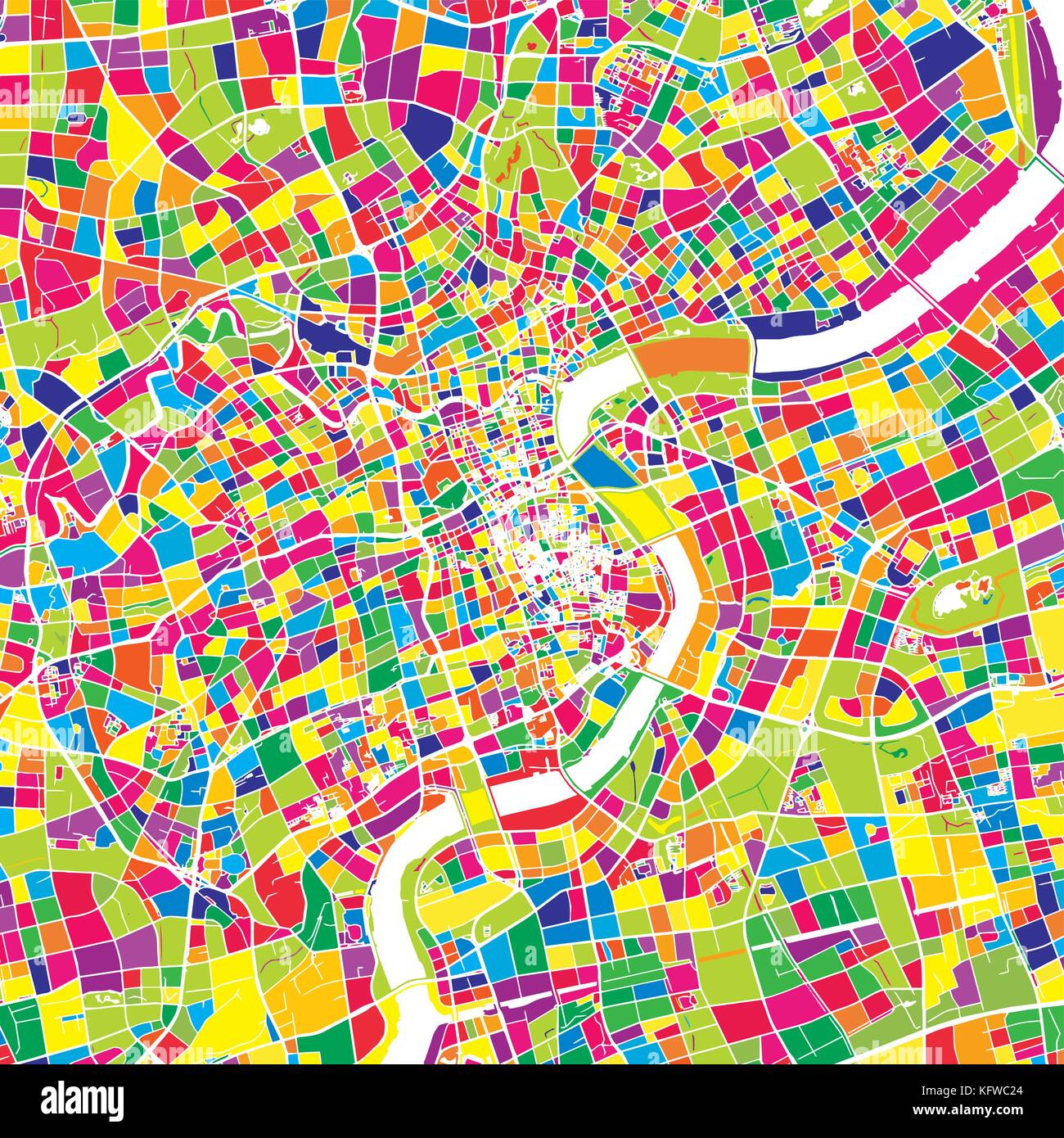 Shanghai, China, colorful vector map. White streets, railways and water