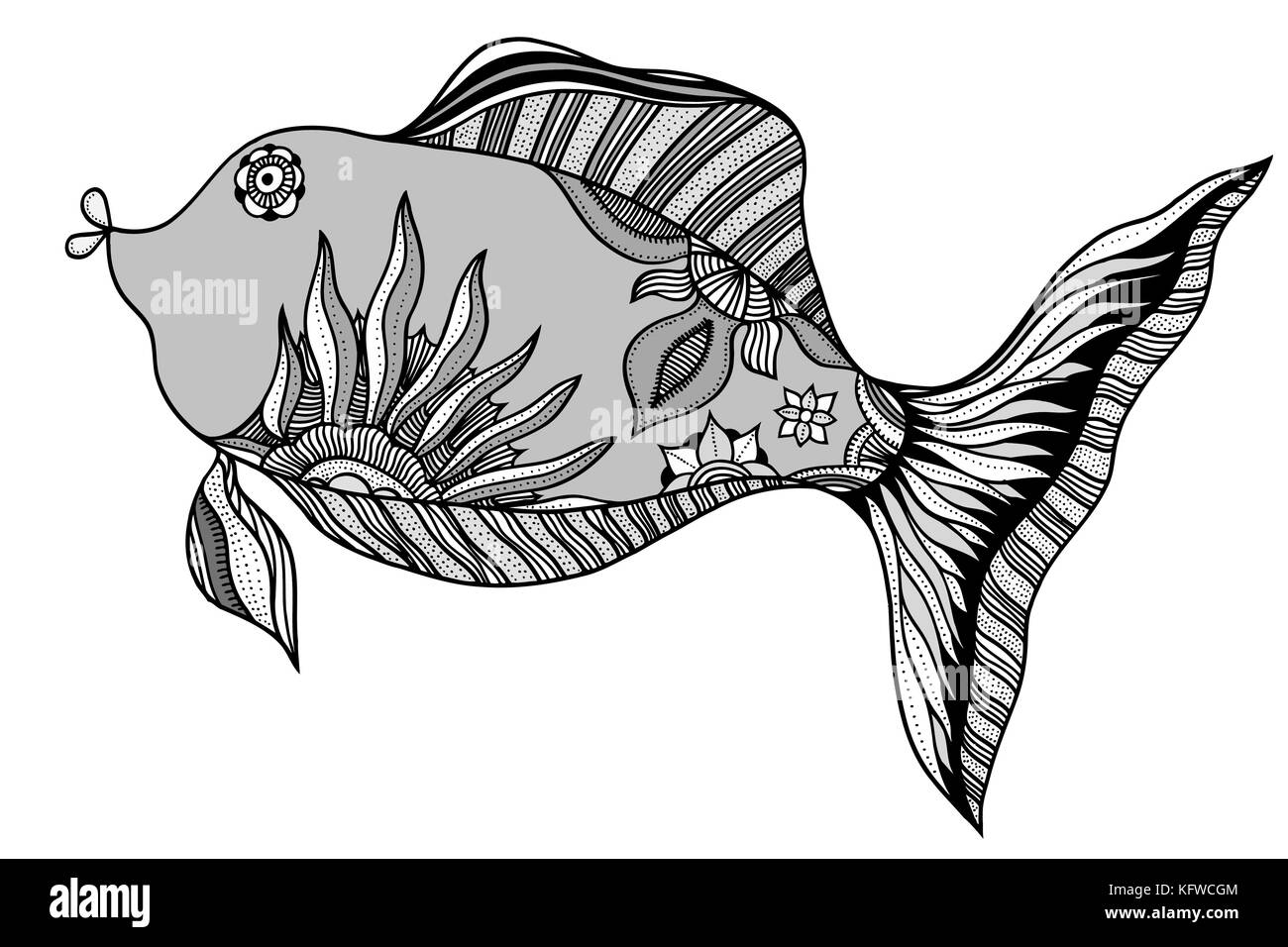 Hand drawn vector fish with floral elements in black and white doodle ...