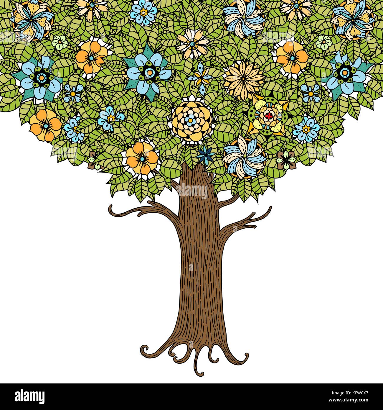 Tree with leaves and flowers. Vector illustration Stock Vector Image ...