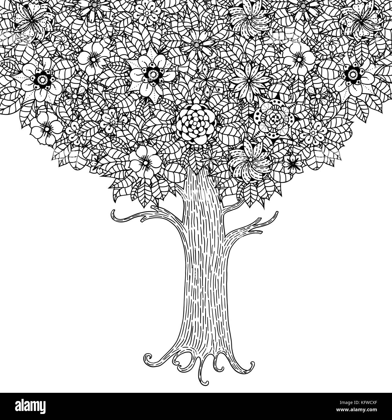 Tree with leaves and flowers. Vector. Coloring book page for adults ...