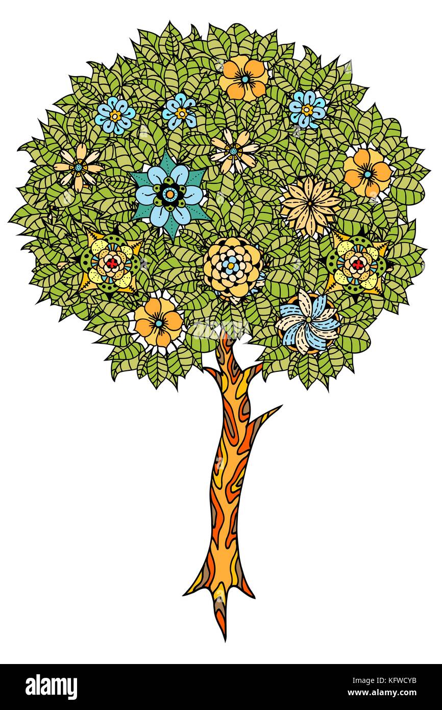 Tree with leaves and flowers. Vector illustration Stock Vector Image ...