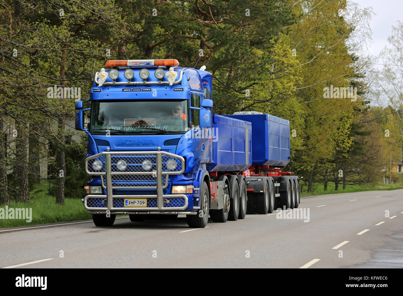 SALO, FINLAND - MAY 15, 2015: Blue Scania combination vehicle transports limestone. Limestone is a versatile and often irreplaceable raw material in m Stock Photo