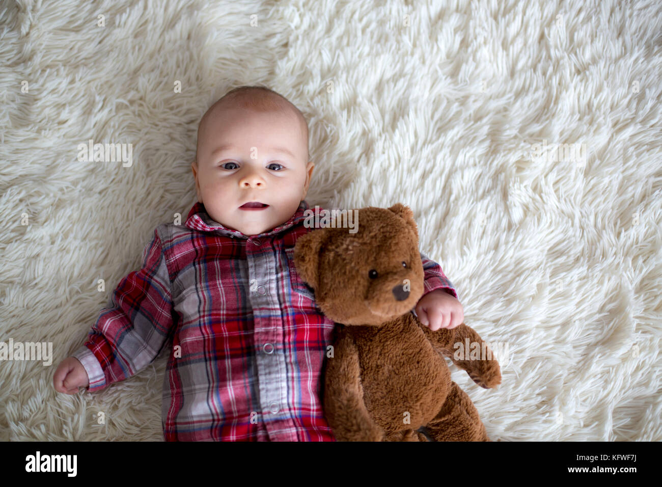 Christmas Portrait Of Cute Little Newborn Baby Boy Dressed In Stock
