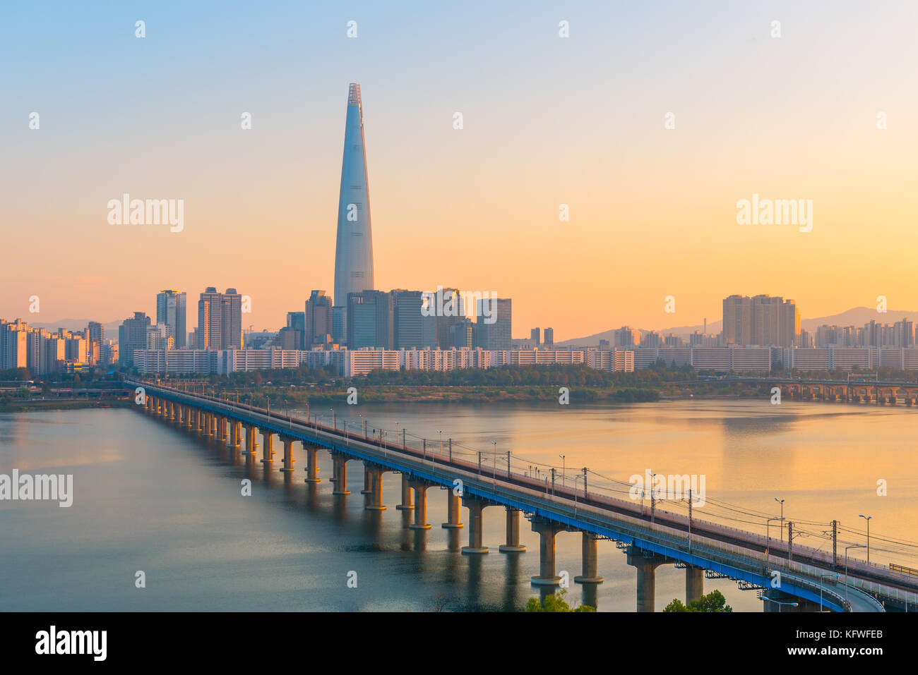 sunset at Seoul City and Lotte Tower,South Korea Stock Photo