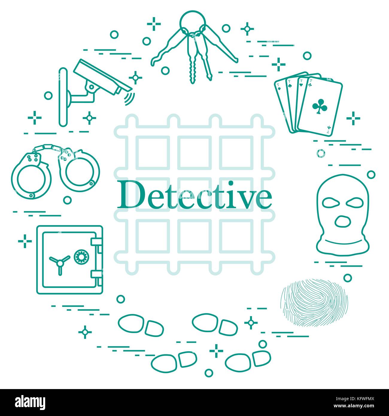 Criminal and detective elements. Crime, law and justice vector icons ...