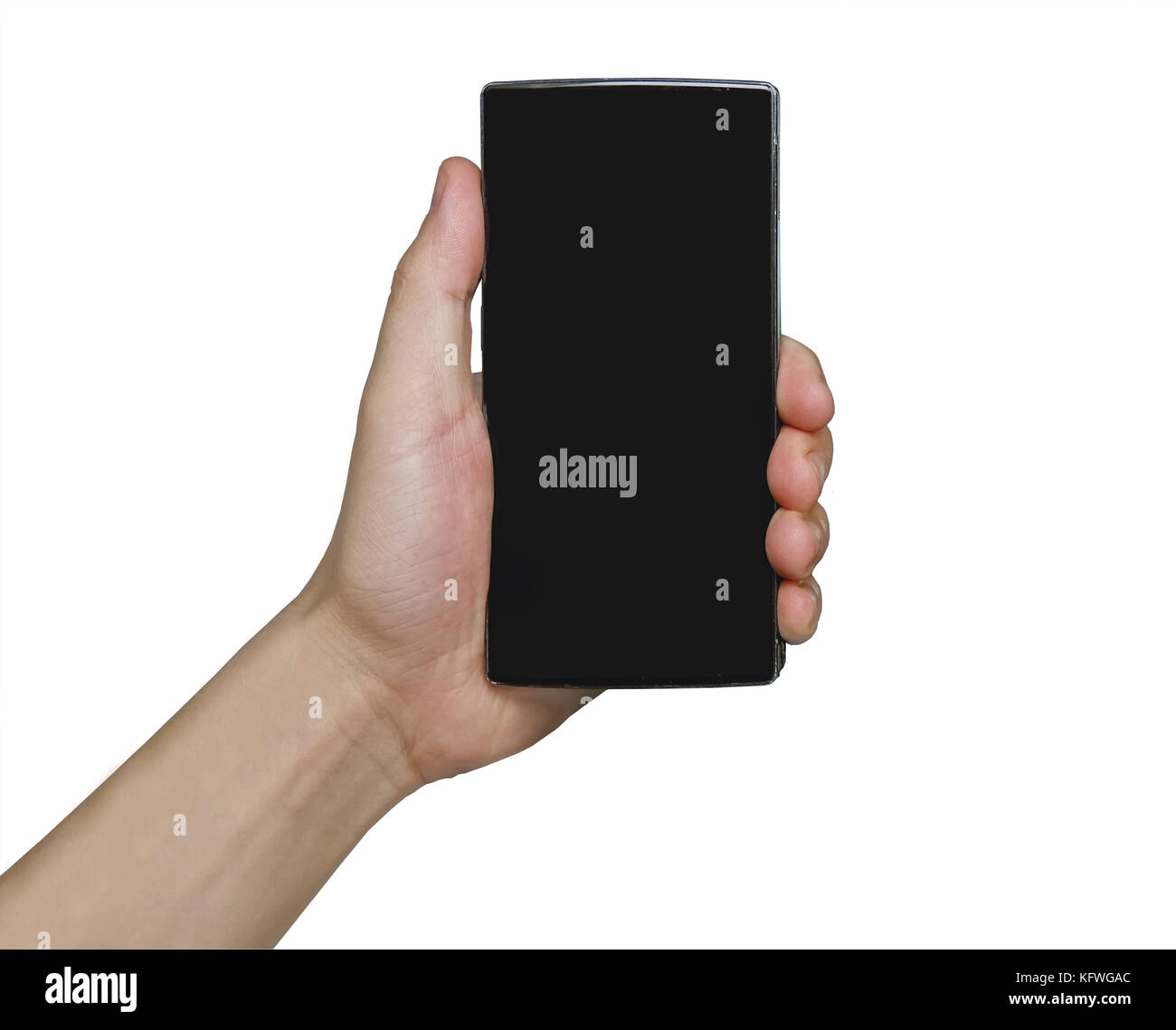 Hand holding black Smartphone with blank screen on white background ...