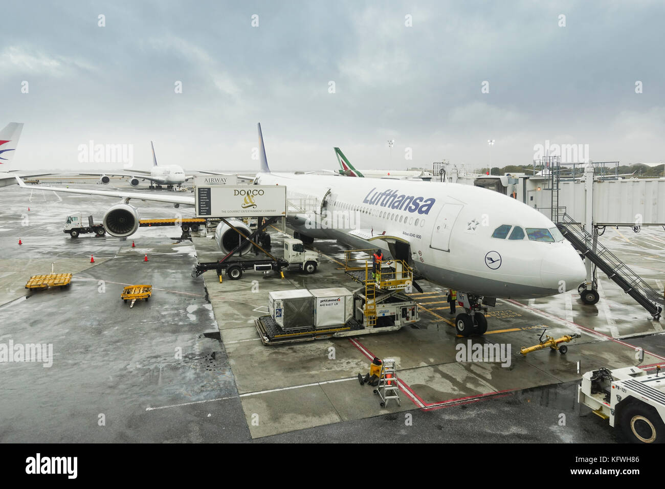 Lufthansa plane being served at Aiport Charles de Gaulle, Pais, France. Stock Photo