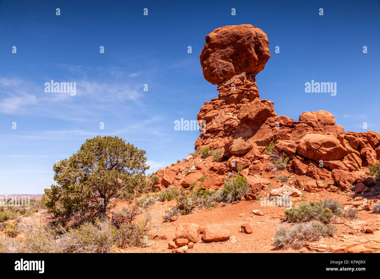 The eroded sandstone formation known as Balanced Rock, Arches National Park, Utah, USA, beautifully balanced by the nearby bush, on a bright spring da Stock Photo