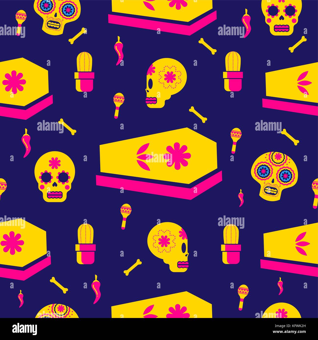 Mexican day of the dead seamless pattern art, sugar skull icons with traditional holiday decoration. EPS10 vector. Stock Vector