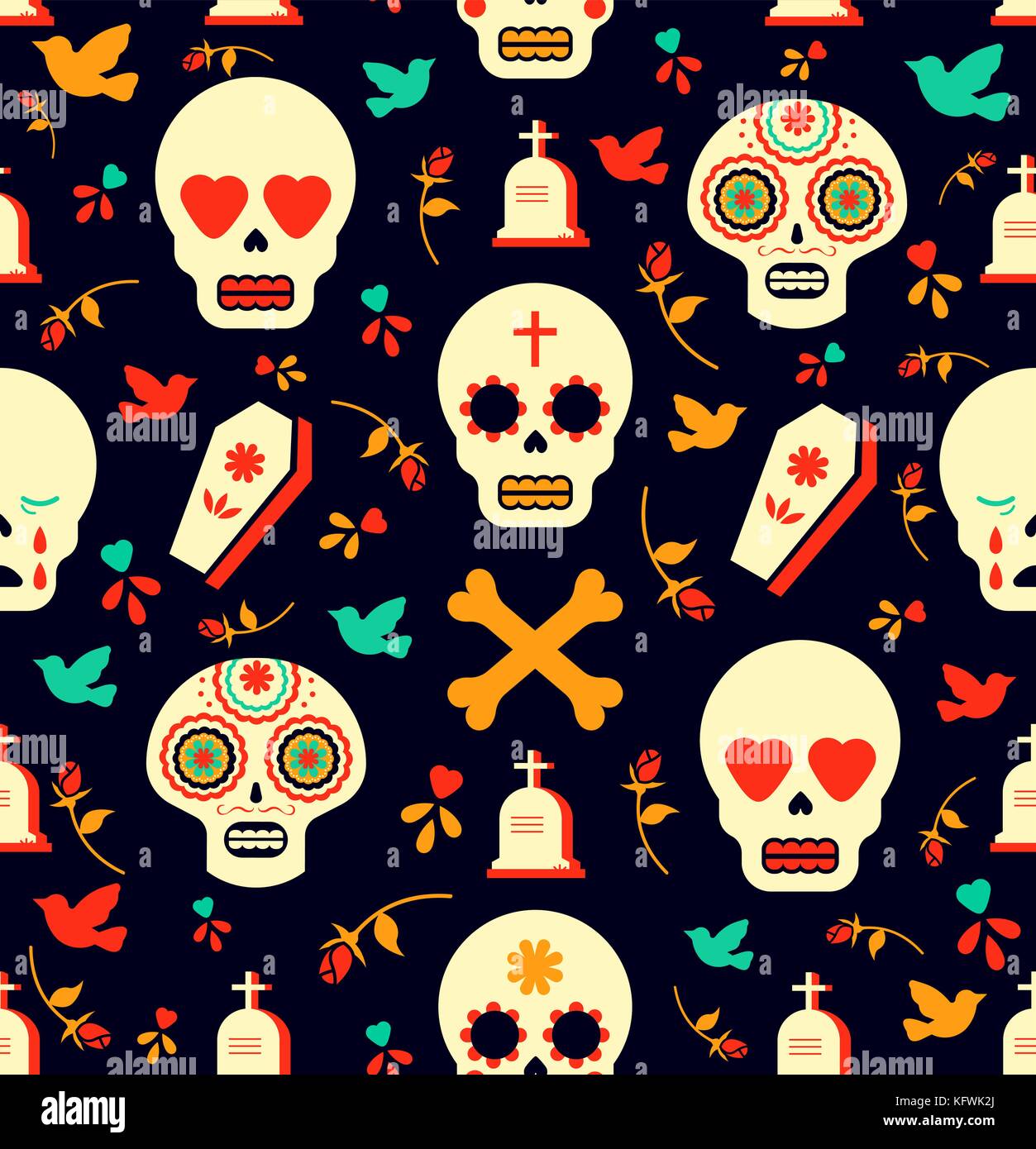 Mexican day of the dead seamless pattern holiday illustration. Modern flat color style emoji icons, includes heart eyes skull, flowers and grave. EPS1 Stock Vector