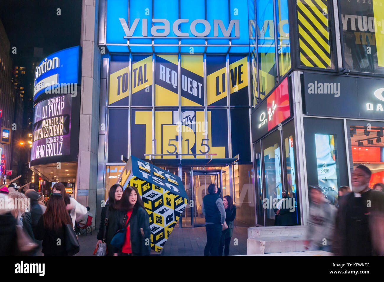Viacom headquarters in Times Square in New York is branded for the recently introduced reboot of the MTV TRL show on Tuesday, October 31, 2017. Viacom recently reached a deal which will allow eight of Viacom's networks to now be shown on Spectrum cable' most inexpensive package. (© Richard B. Levine) Stock Photo