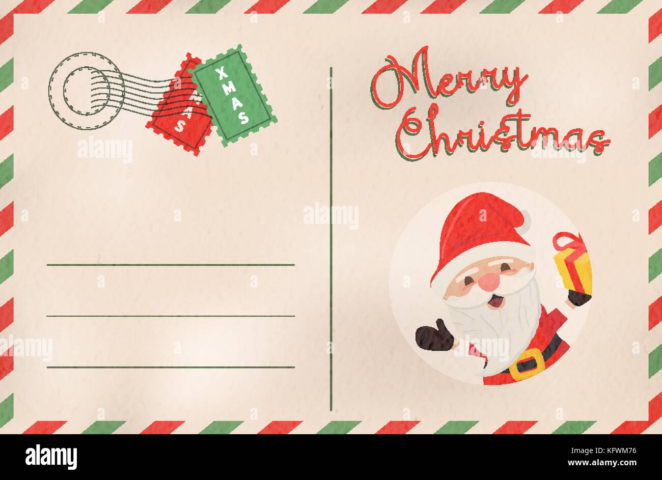 Merry Christmas postcard in traditional vintage mail style. Holiday greeting card from the north pole with cute santa claus cartoon and empty space fo Stock Vector