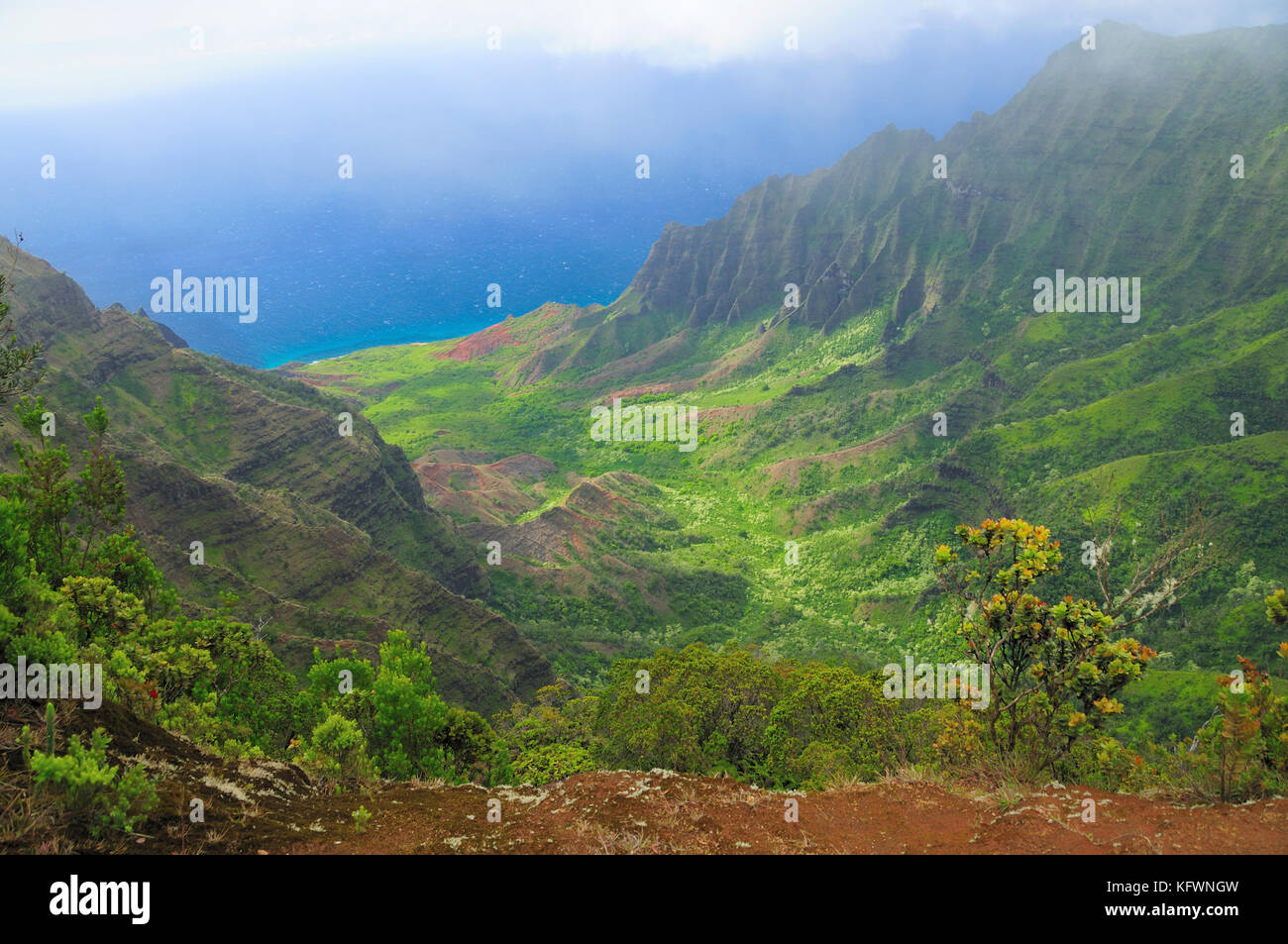 The mists from the ocean are moving up the Kalalau valley on the island of Kauai Stock Photo