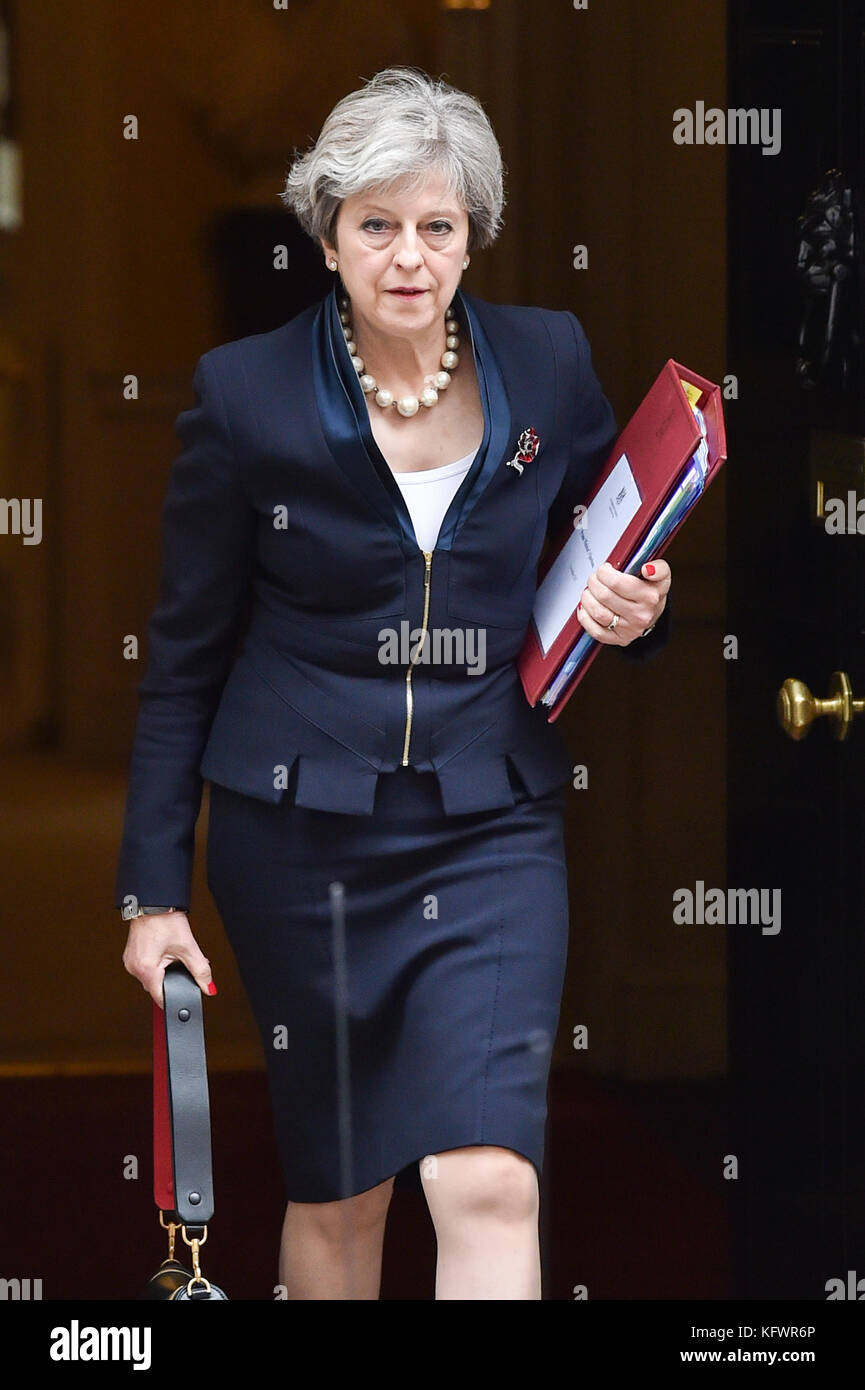 London, United Kingdom. 01st Nov, 2017. UK Prime Minister Theresa May leaves 10 Downing Street bound for the House of Commons to attend Prime Ministers Questions. Credit: Peter Manning/Alamy Live News Stock Photo