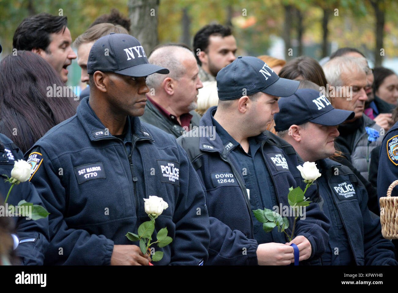 New York City, USA. 1st November, 2017. Police officers taking part in a moment of silence to honor those killed in the terrorist truck attack in Lower Manhattan. Credit: Christopher Penler/Alamy Live News Stock Photo