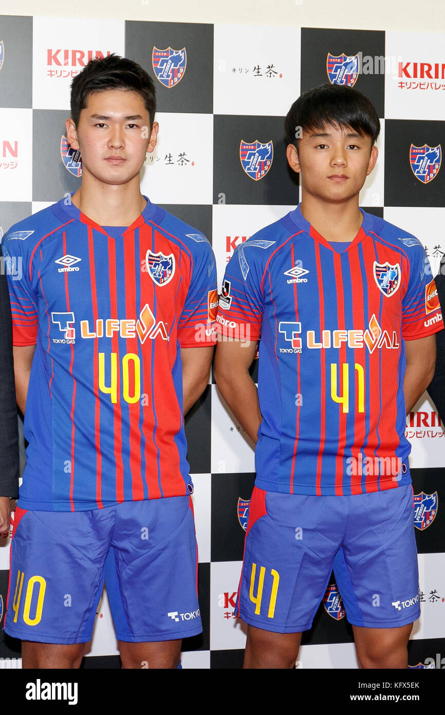 Tokyo Japan 1st Nov 17 Soccer Players Rei Hirakawa 17 And Takefusa Kubo 16 Pose For The Cameras During A News Conference At Fc Tokyo Club House On November 1 17 Tokyo