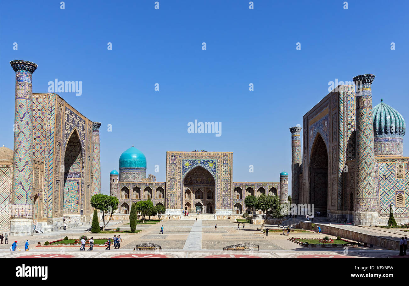 Panoramic view of Registan square - Samarkand, Uzbekistan Stock Photo