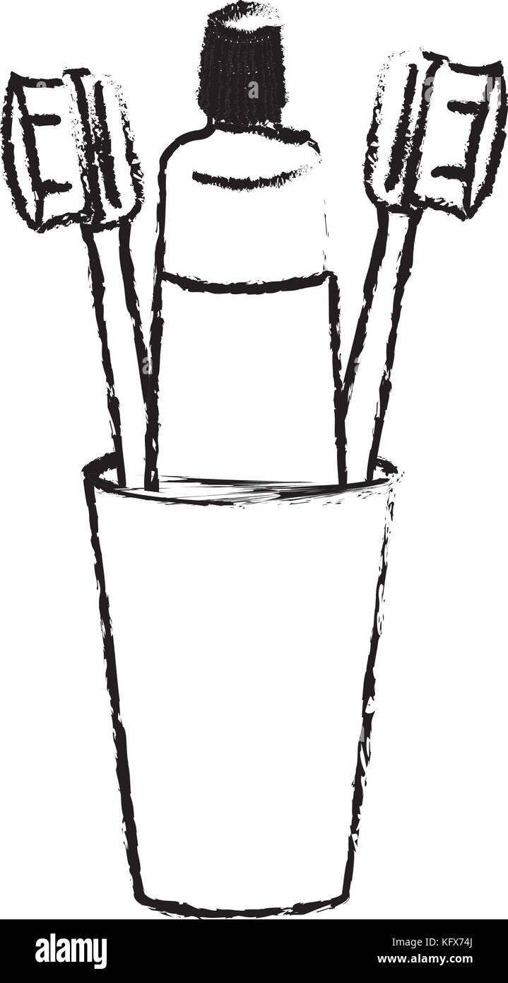 glass with toothpaste and toothbrushes in monochrome blurred silhouette ...