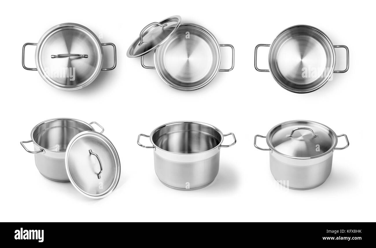 Open stainless steel cooking pot isolated on white Stock Photo