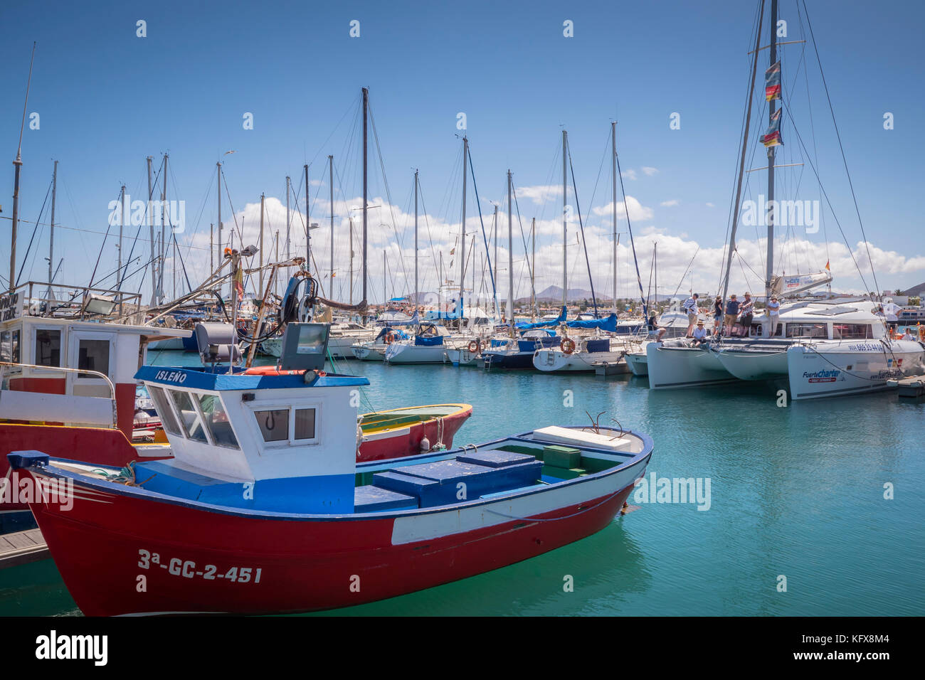 Boats moored in the Marina Corralejo La Oliva Fuerteventura Canary Islands Spain Stock Photo