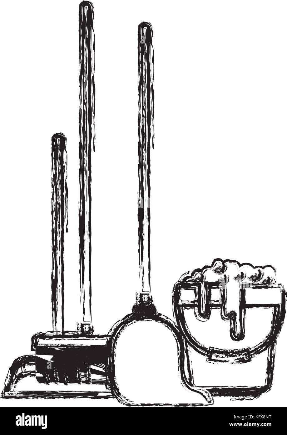 dustpan and broom and mop and bucket with water and soap detergent in