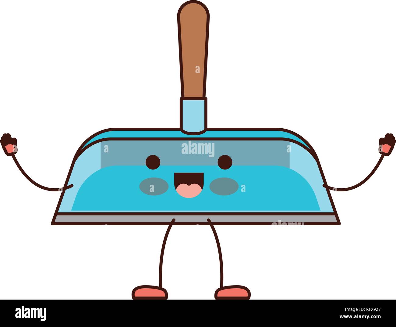 kawaii cartoon hand dustpan with wooden stick in colorful silhouette