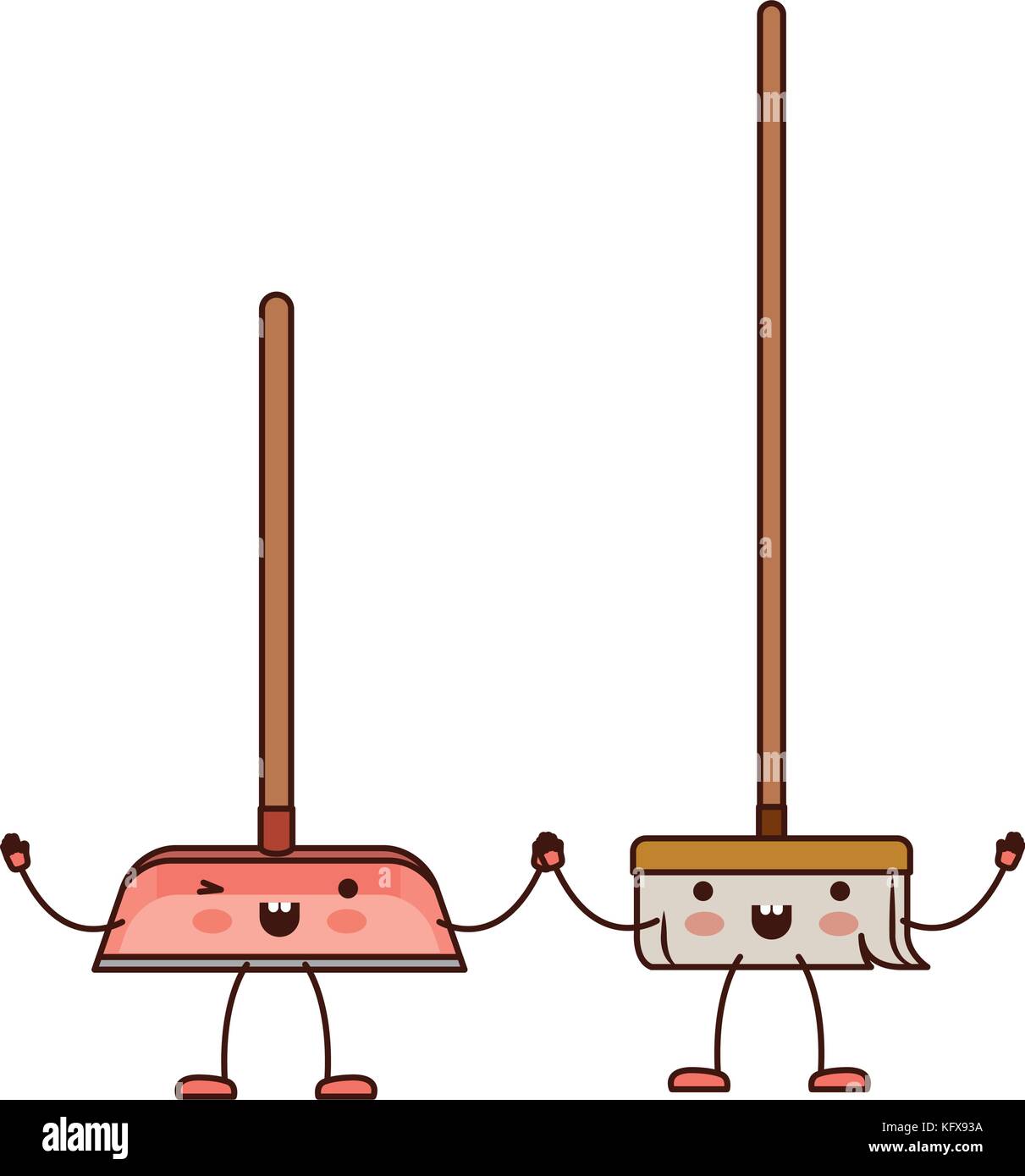 kawaii cartoon broom and dustpan holding hands in colorful silhouette