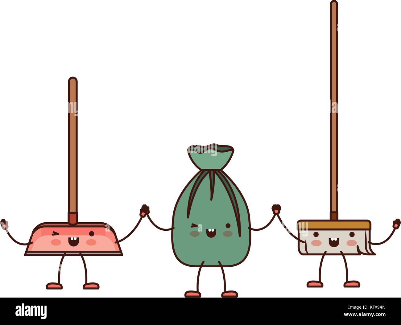 kawaii cartoon broom and garbage bag tied and dustpan holding hands in