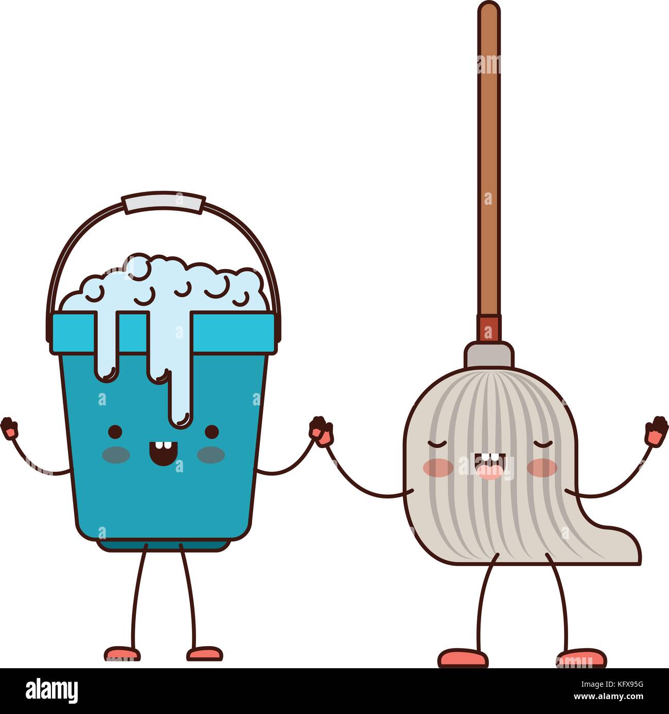 kawaii cartoon bucket with soapy water and mop holding hands in