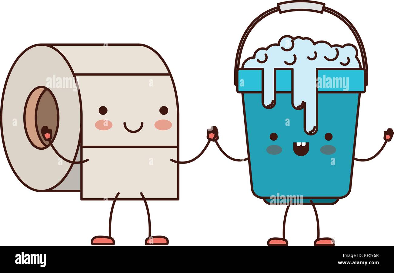 kawaii cartoon toilet paper roll and bucket with soapy water holding