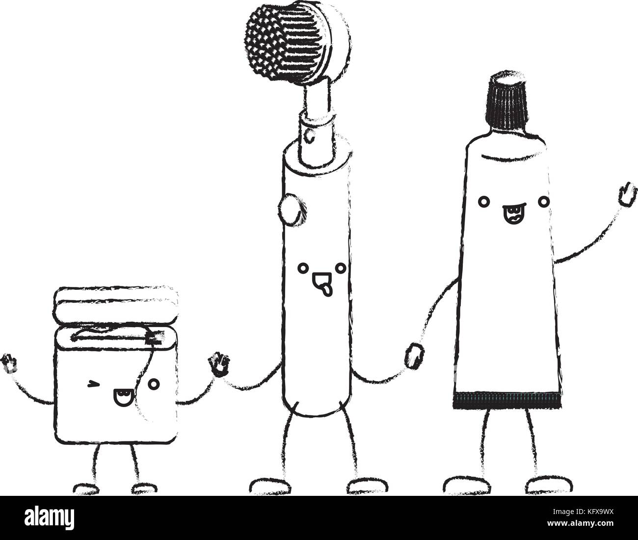 cartoon dental floss and electric toothbrush and toothpaste holding ...