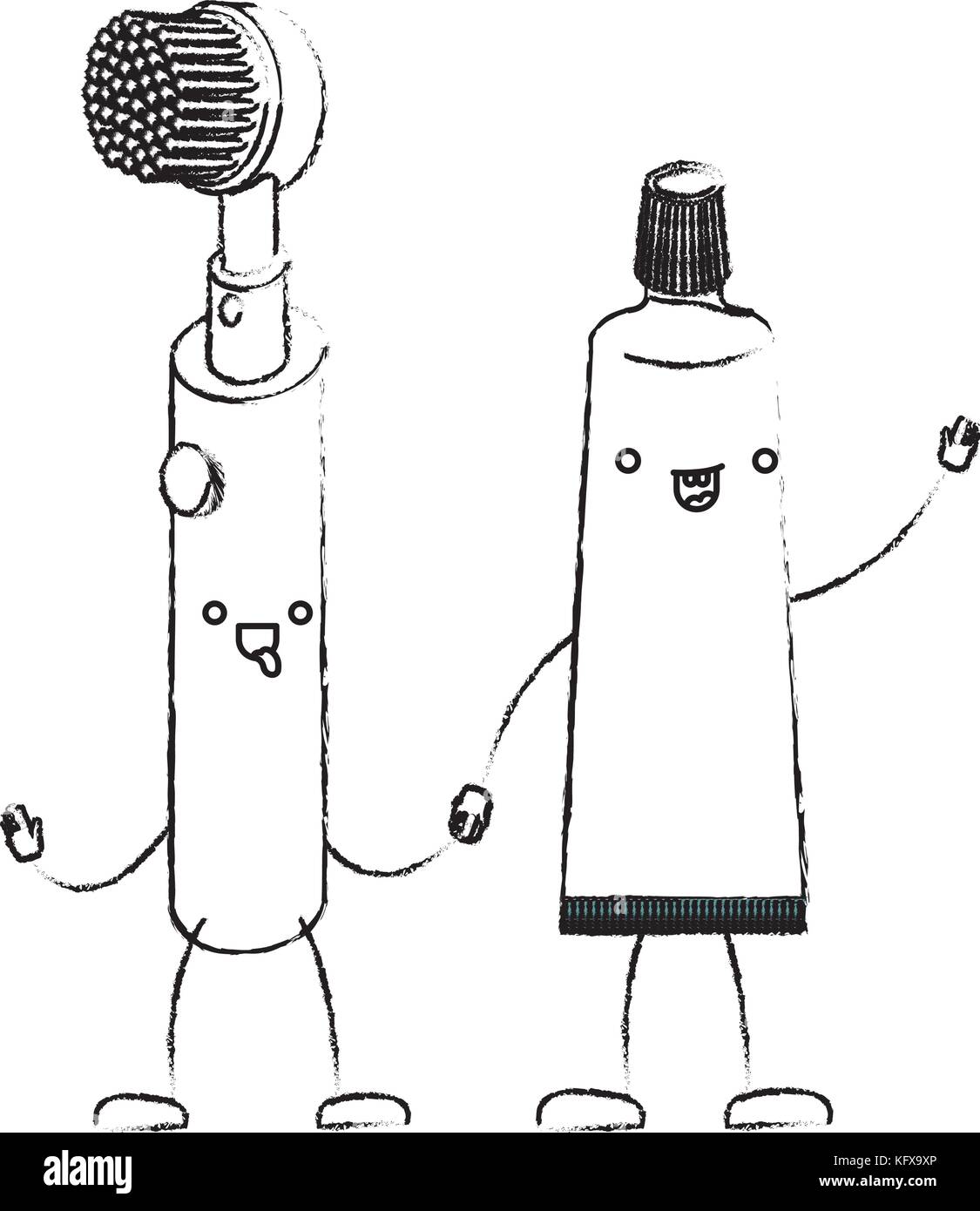 electric toothbrush and toothpaste holding hands in monochrome blurred ...