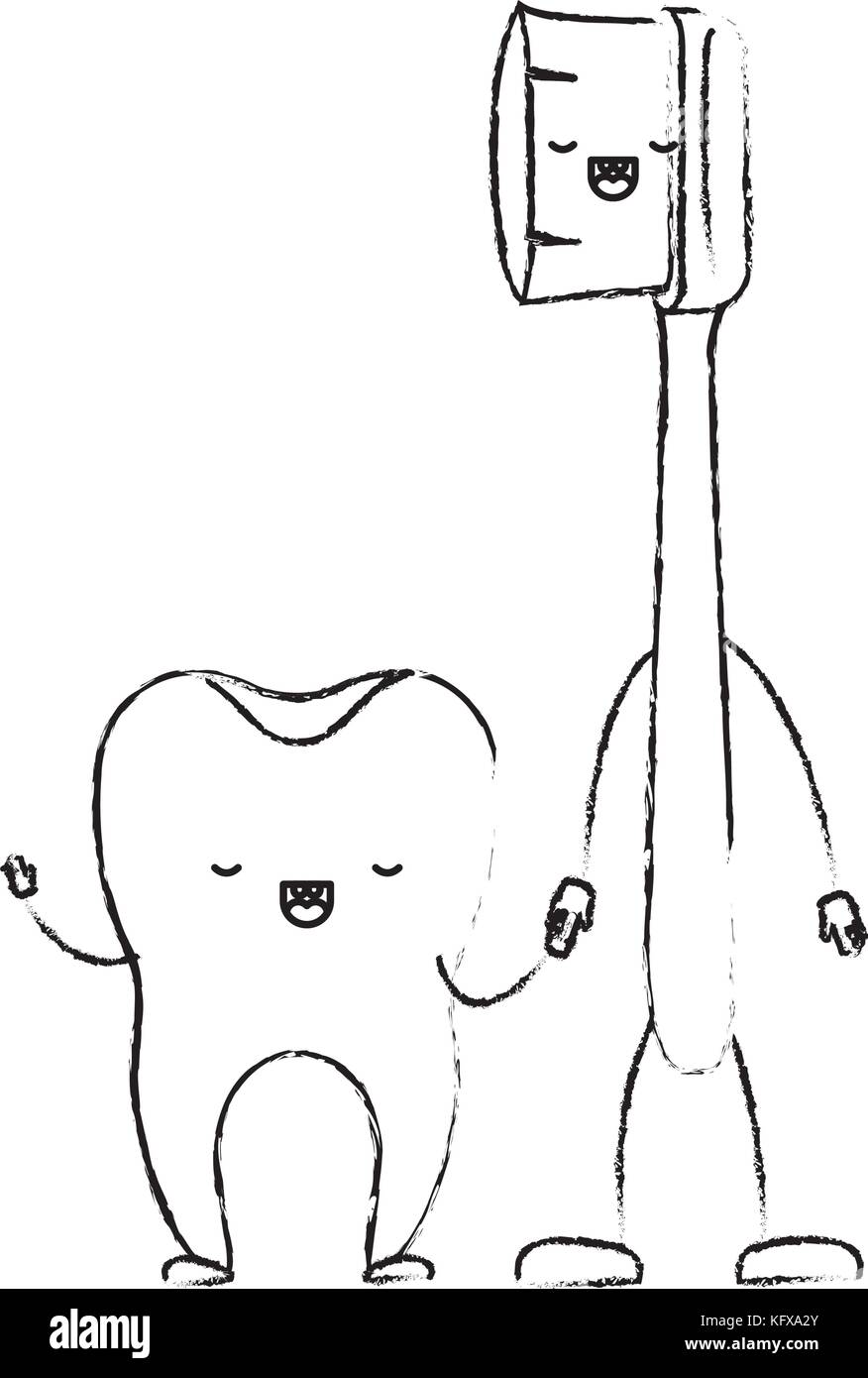 tooth and toothbrush in cartoon holding hands in monochrome blurred ...