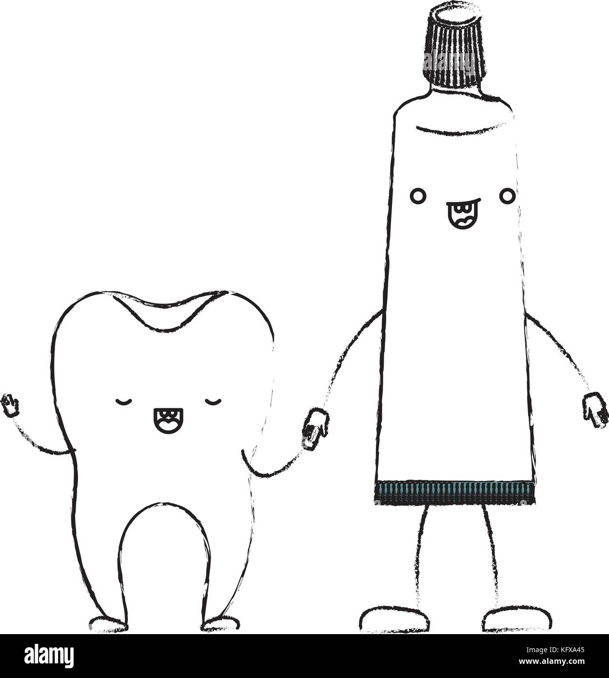 tooth and toothpaste in cartoon holding hands in monochrome blurred ...