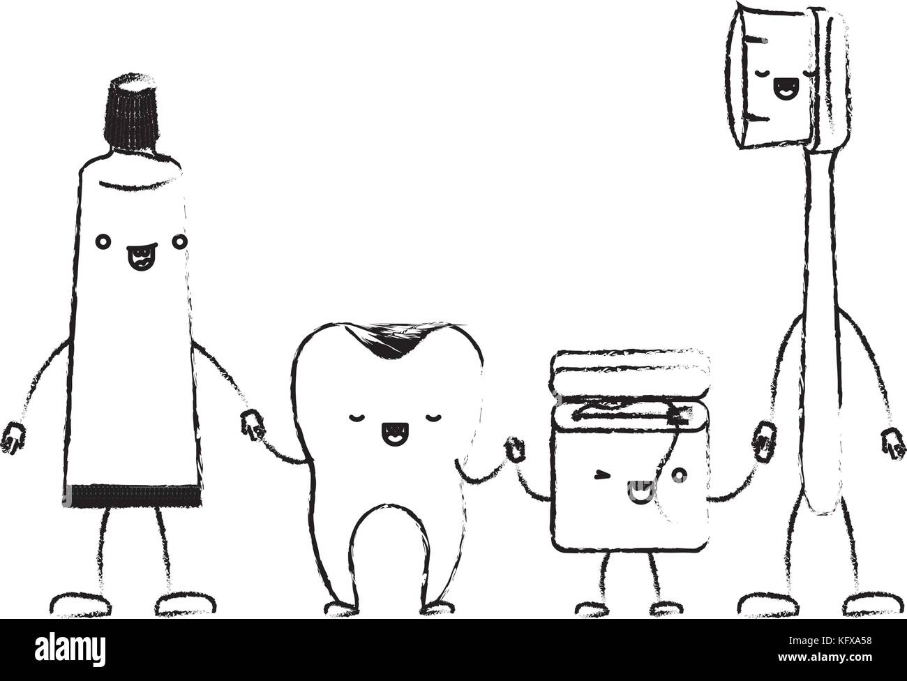tooth and toothpaste and dental floss and toothbrush in cartoon holding ...