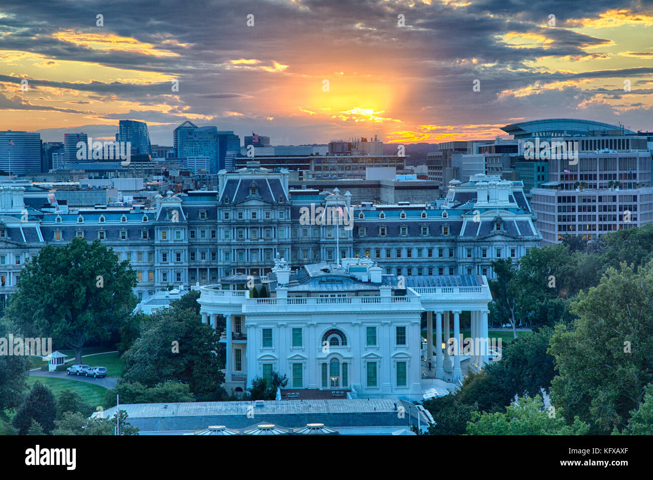 September 12, 2017, Washington, DC, USA: The US Treasury  building, White House, and Eisenhower Executive Office building at sunset as seen from the r Stock Photo