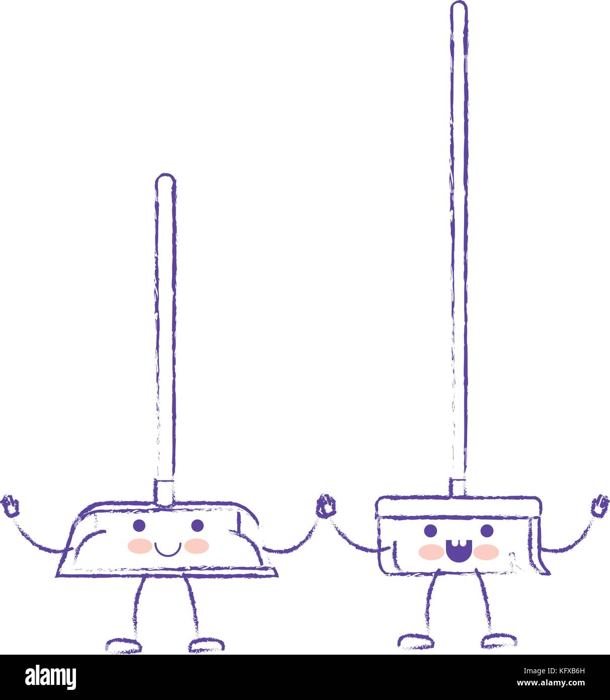 kawaii cartoon broom and dustpan holding hands in purple blurred