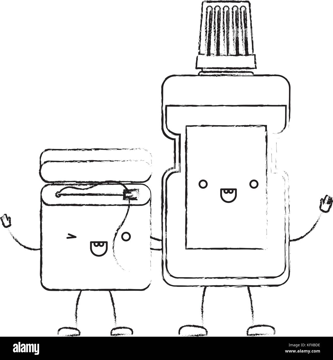 dental floss and mouthwash in cartoon holding hands in monochrome ...
