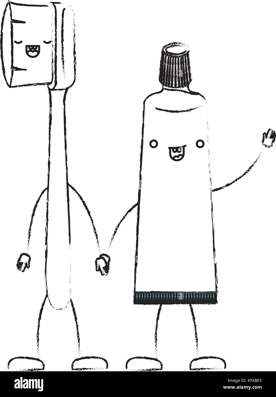 toothbrush and toothpaste in cartoon holding hands in monochrome ...