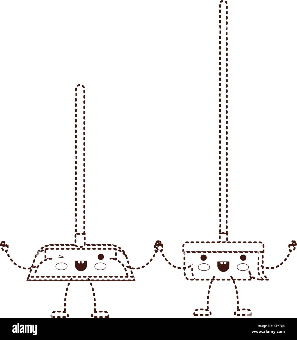 kawaii cartoon broom and dustpan holding hands in brown dotted