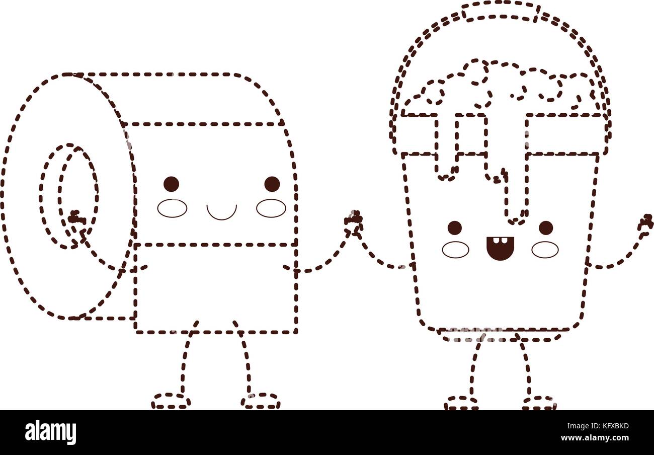 kawaii cartoon toilet paper roll and bucket with soapy water holding