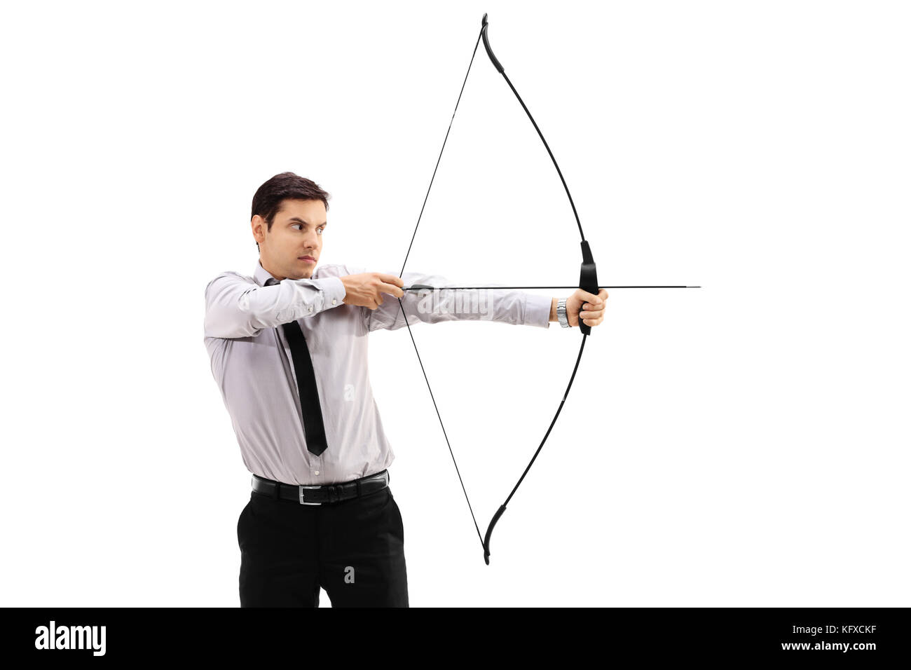 Businessman aiming with a bow and arrow isolated on white background Stock Photo