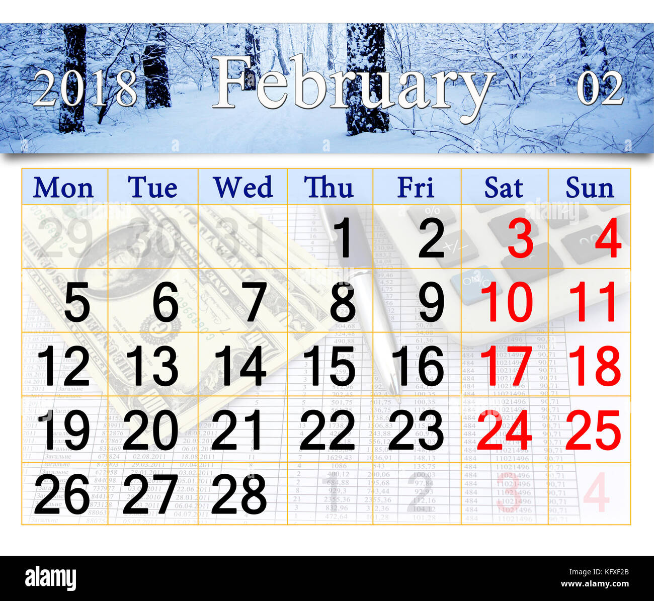beautiful calendar for January 2018 with snowy birch grove Stock Photo